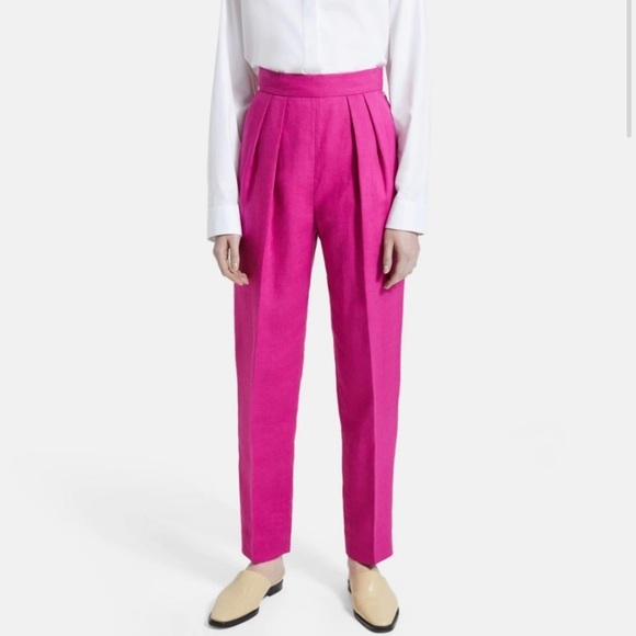 Theory Pleated Pant in Pure Linen Pop Fuchsia Pink size 12 - Picture 6 of 14
